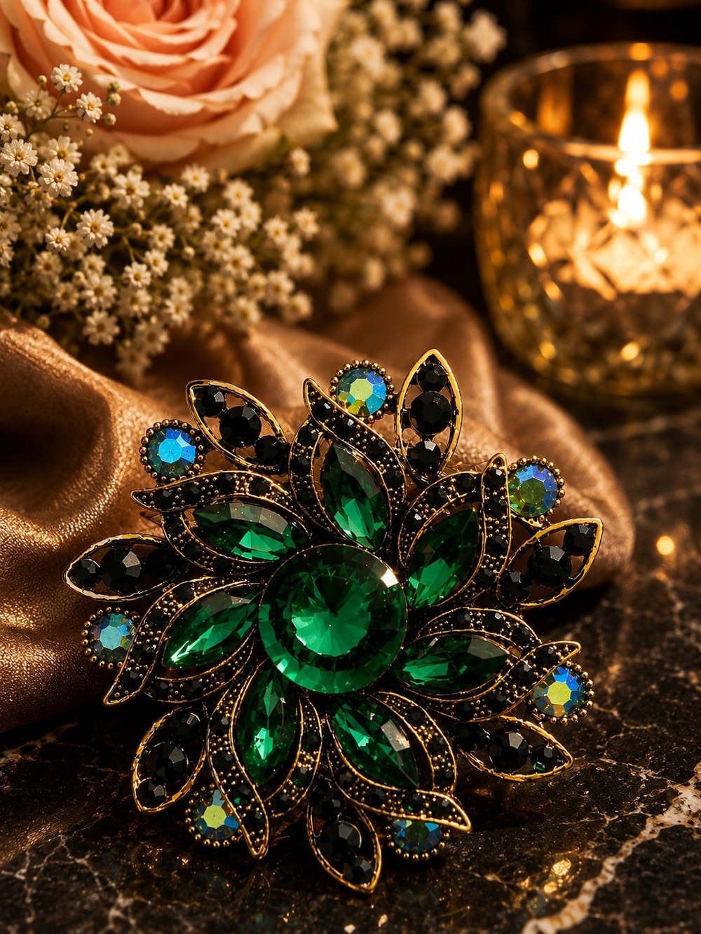 Elegant Green Crystal Floral Brooch - Goldtone Accent